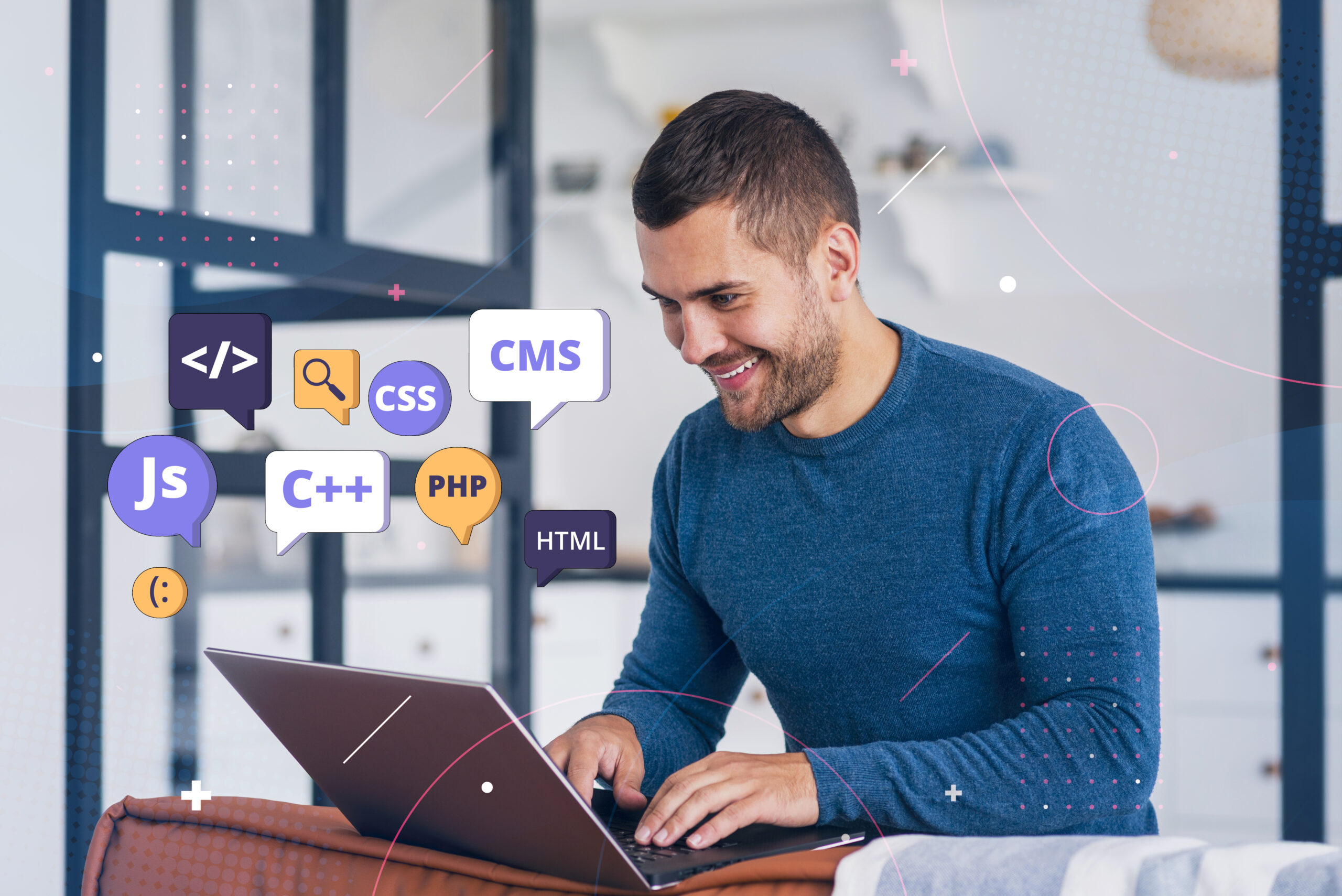 Man using laptop with programming language icons around him. website development
