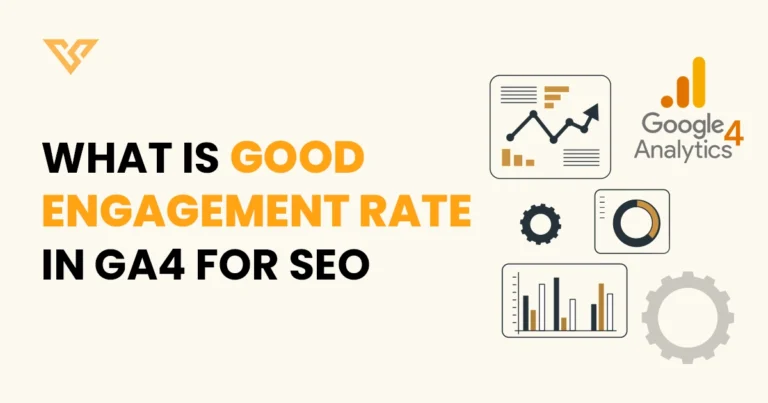 Engagement rate in GA4 for SEO with analytics charts and Google Analytics 4 logo.