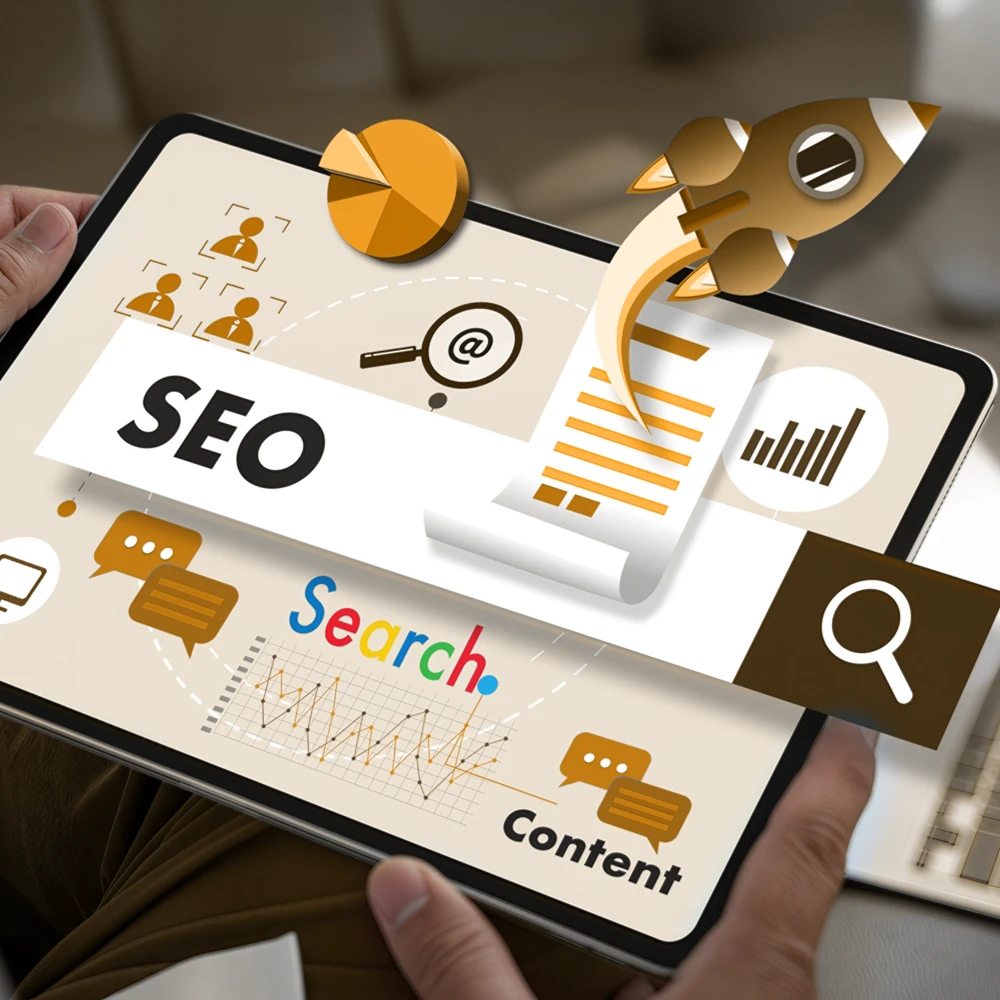 SEO services graphic on tablet with search, content, and rocket icons.
