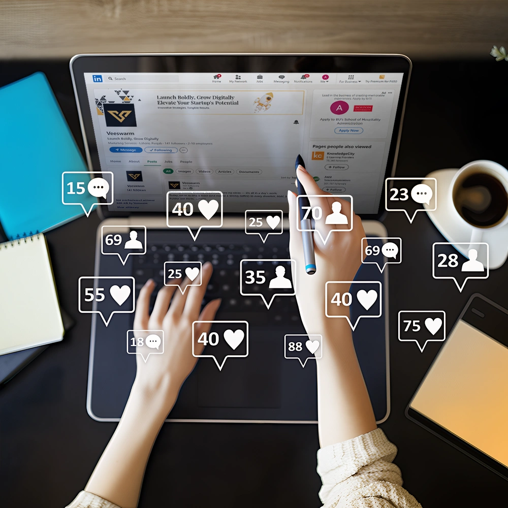 Person using laptop with social media marketing metrics on screen.
