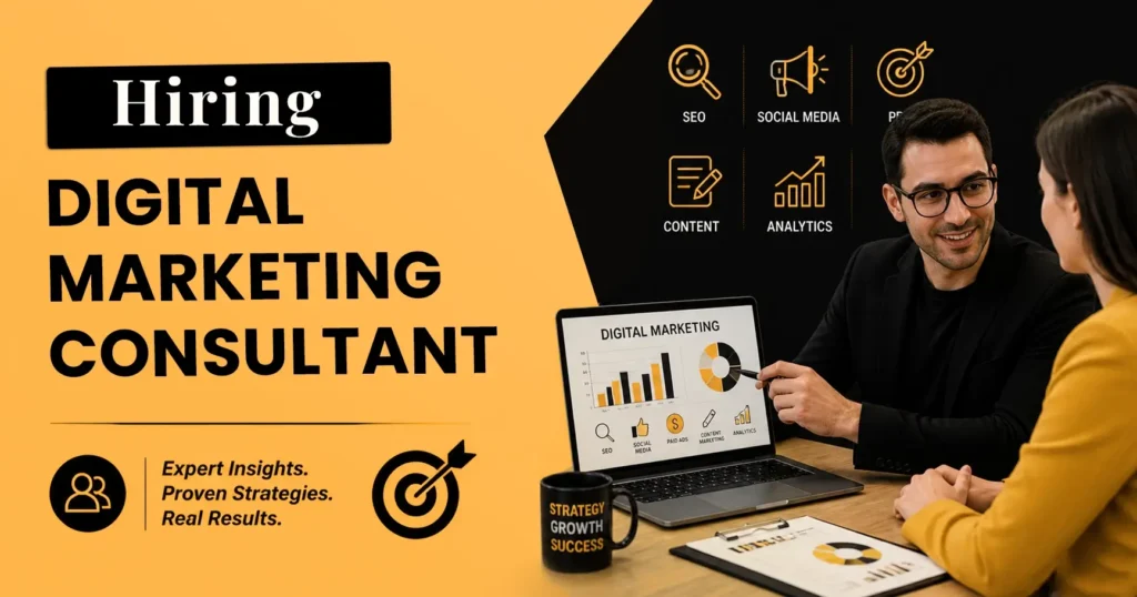 Promotional graphic for hiring a Digital Marketing Consultant featuring two professionals reviewing charts on a laptop alongside icons for SEO, Social Media, Content, and Analytics.