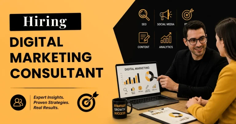 Promotional graphic for hiring a Digital Marketing Consultant featuring two professionals reviewing charts on a laptop alongside icons for SEO, Social Media, Content, and Analytics.