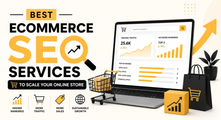 Promotional graphic for "Best Ecommerce SEO Services to Scale Your Online Store" featuring a laptop displaying analytics, a miniature shopping cart, and icons representing growth metrics.