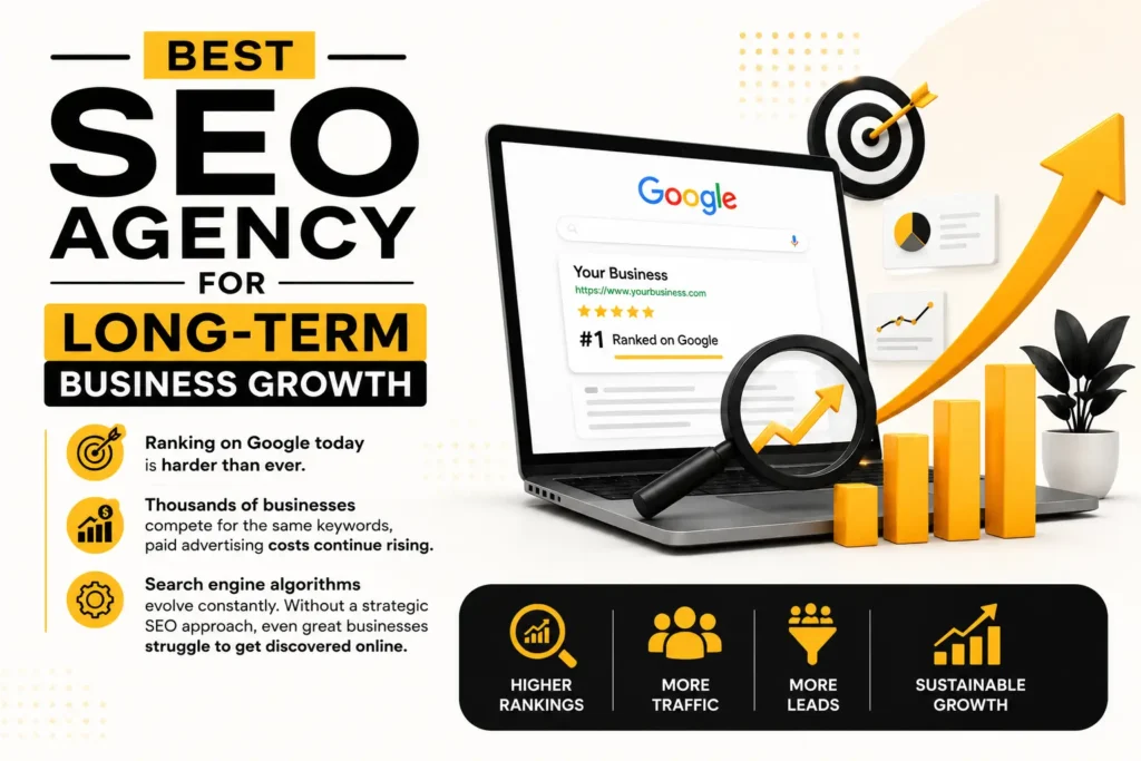 Infographic promoting an SEO agency for long-term business growth, featuring a laptop displaying a number one Google ranking, growth charts, and icons for higher rankings, traffic, leads, and sustainable growth.