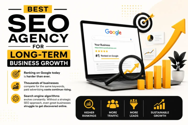 Infographic promoting an SEO agency for long-term business growth, featuring a laptop displaying a number one Google ranking, growth charts, and icons for higher rankings, traffic, leads, and sustainable growth.