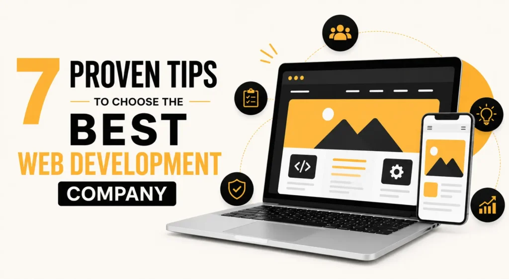 Graphic with text "7 PROVEN TIPS TO CHOOSE THE BEST WEB DEVELOPMENT COMPANY" alongside a laptop and smartphone displaying web page elements.