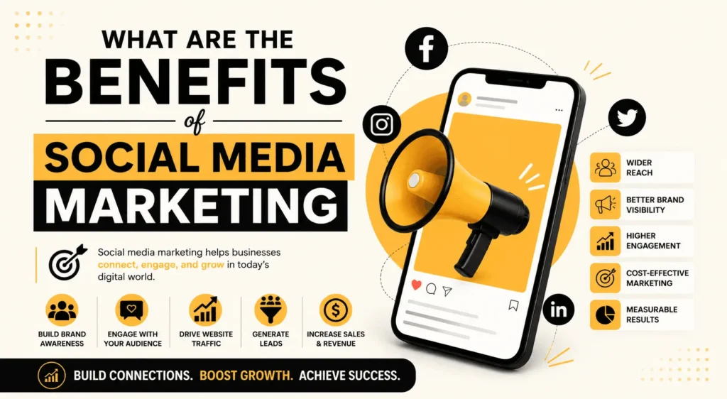 Infographic illustrating the benefits of social media marketing with icons for brand awareness, audience engagement, website traffic, lead generation, and sales.