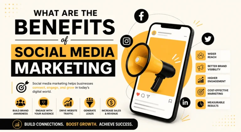 Infographic illustrating the benefits of social media marketing with icons for brand awareness, audience engagement, website traffic, lead generation, and sales.