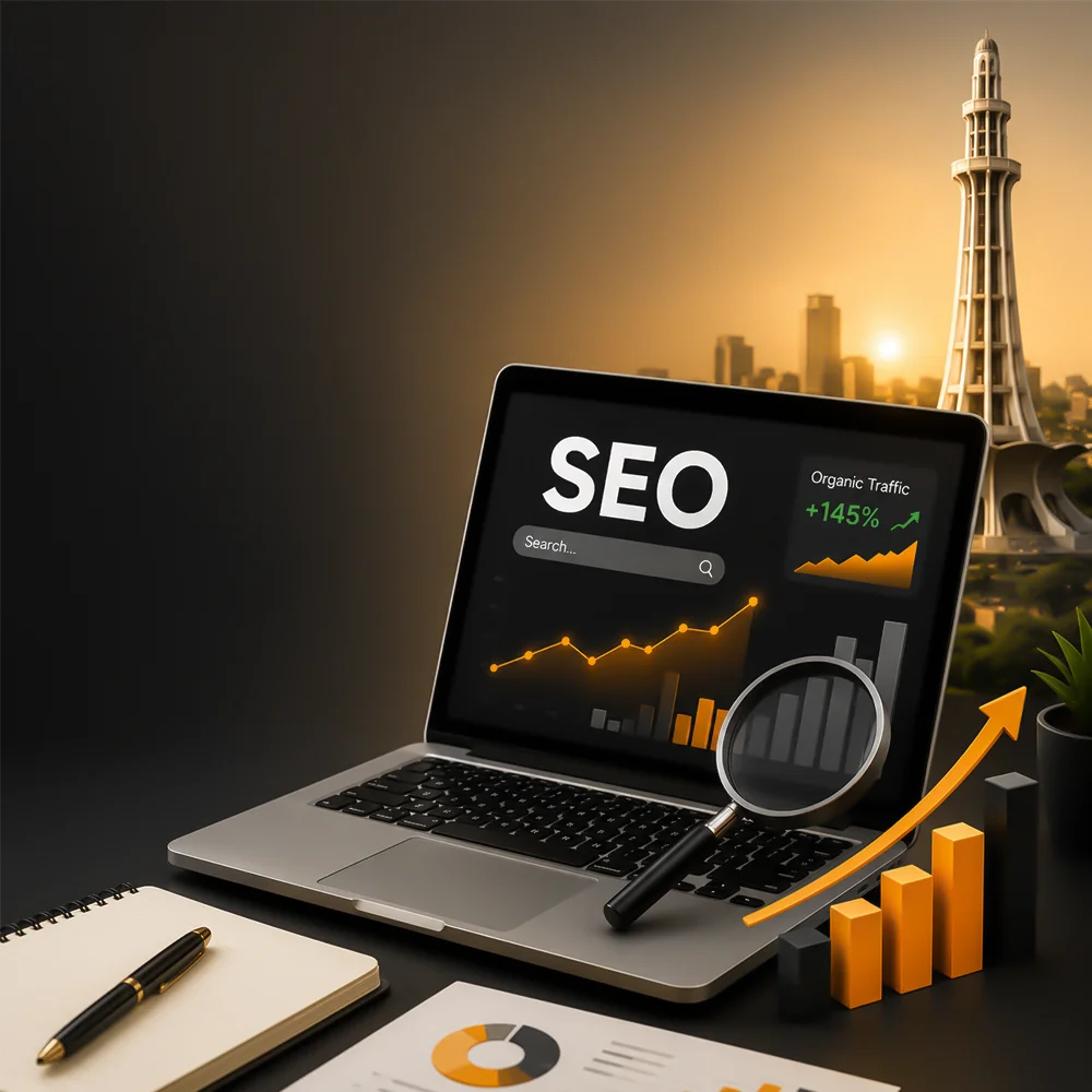 SEO services in Lahore illustrated with a laptop displaying website analytics, search ranking graphs, a magnifying glass, and growth charts, with the iconic Minar-e-Pakistan at sunset representing digital marketing success and online business growth.