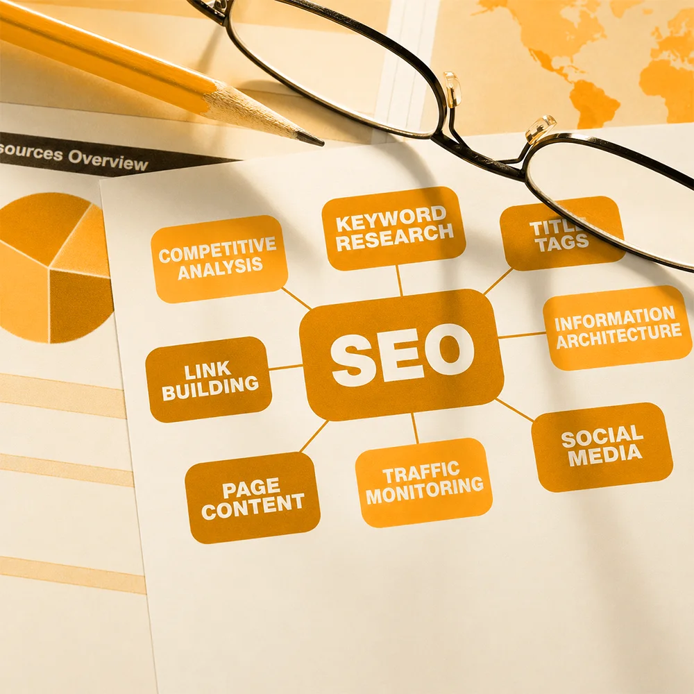 A document detailing SEO strategies with connected boxes for keyword research, link building, and competitive analysis, with glasses resting on top.