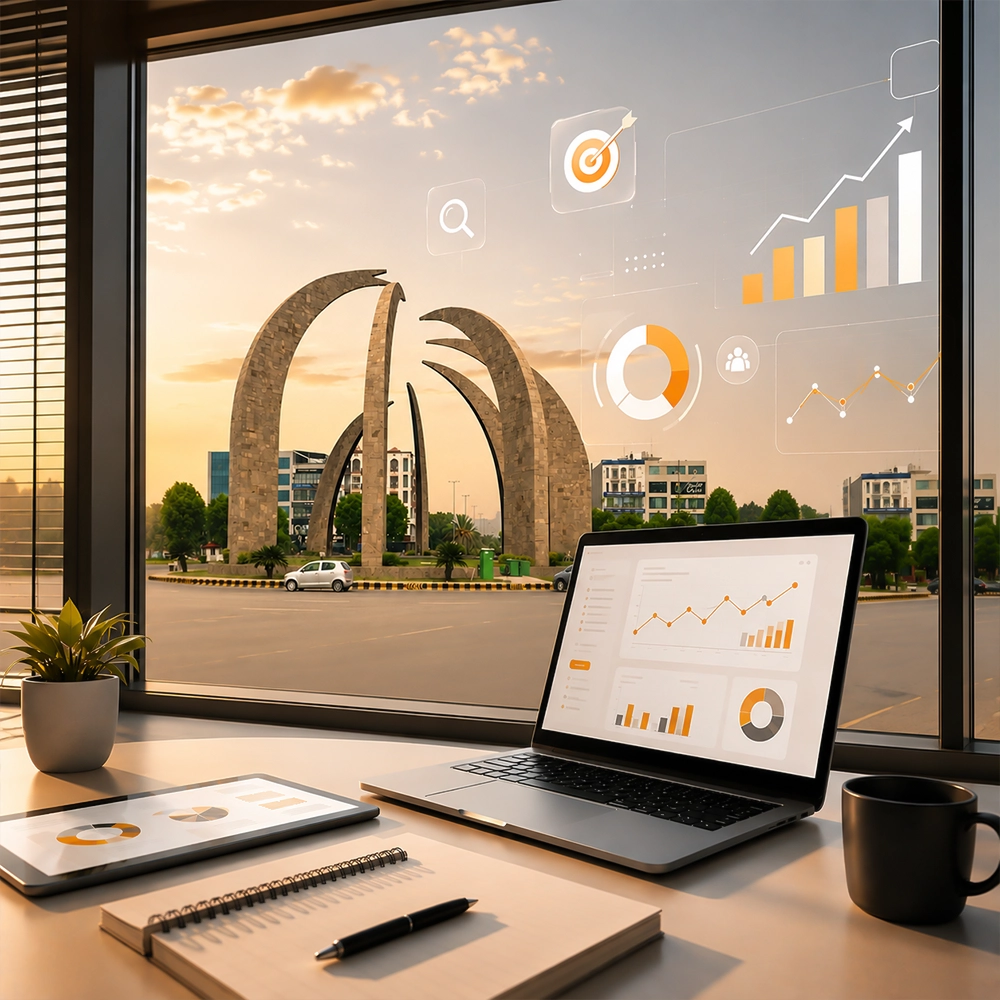 Digital Marketing Agency in Bahria Town Lahore workspace overlooking Talwar Chowk, with SEO analytics displayed on a laptop.