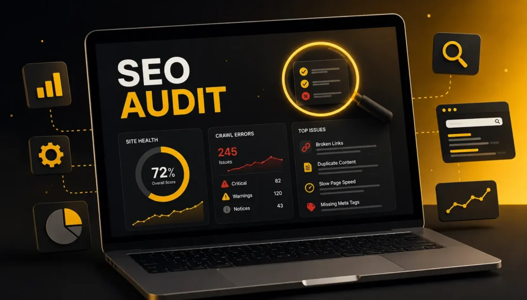 Laptop displaying an “SEO AUDIT SERVICES” dashboard with a 72% site health score, 245 crawl errors, and a list of top issues.