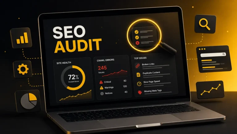 Laptop displaying an “SEO AUDIT SERVICES” dashboard with a 72% site health score, 245 crawl errors, and a list of top issues.