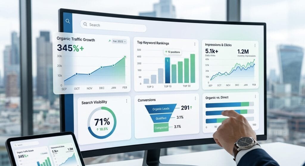 A professional man in a suit reviews data and graphs on a screen, symbolizing SEO services in the UK.