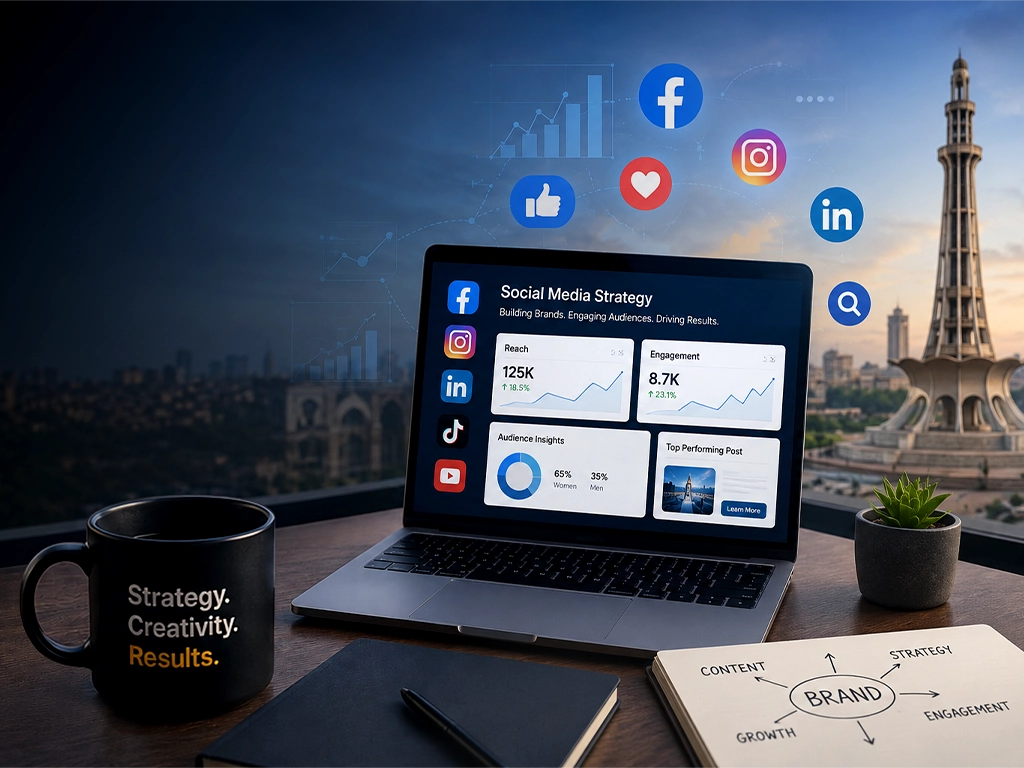 Laptop displaying a “Social Media Strategy” dashboard beside a coffee mug, notebook, plant, and social media icons, with a city landmark outside.
