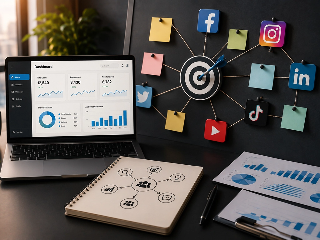 Laptop showing a social media dashboard beside a target linked to social media logos, sticky notes, a notebook, and charts.