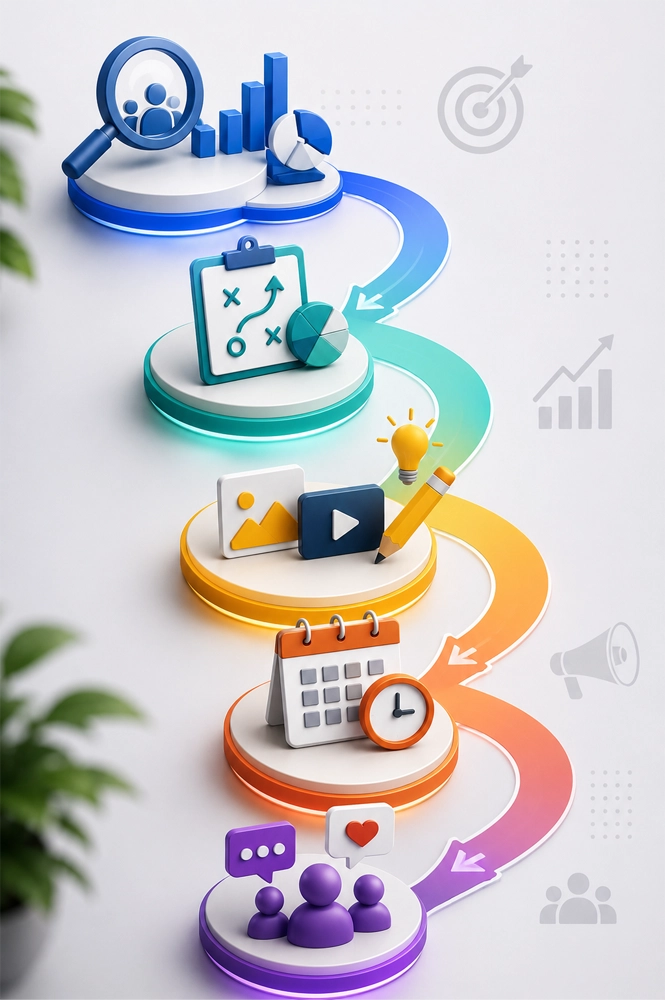 Vertical business process graphic featuring five colorful platforms with icons representing people, strategy, media, scheduling, and communication, connected by arrows to illustrate the workflow of a Social Media Marketing Agency in Lahore