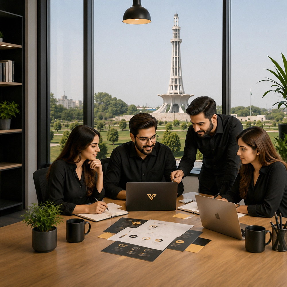 Four coworkers collaborating with laptops and documents at a table, with Minar-e-Pakistan visible in the background, representing a Social Media Marketing Agency in Lahore.
