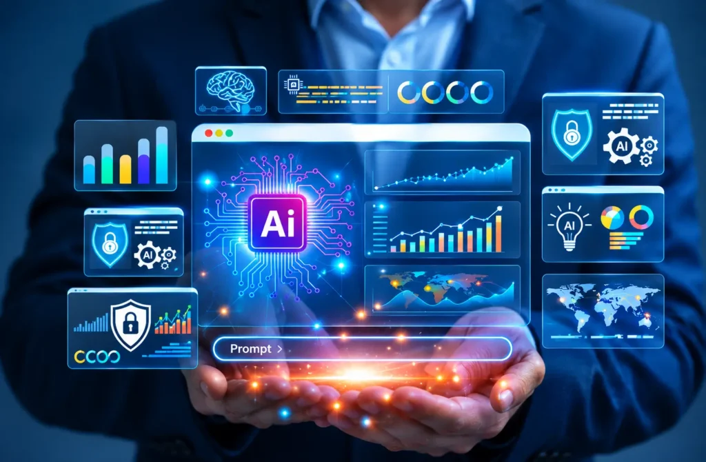 A person holds a glowing AI dashboard with charts, security icons, a world map, and a text field labeled “Prompt.”