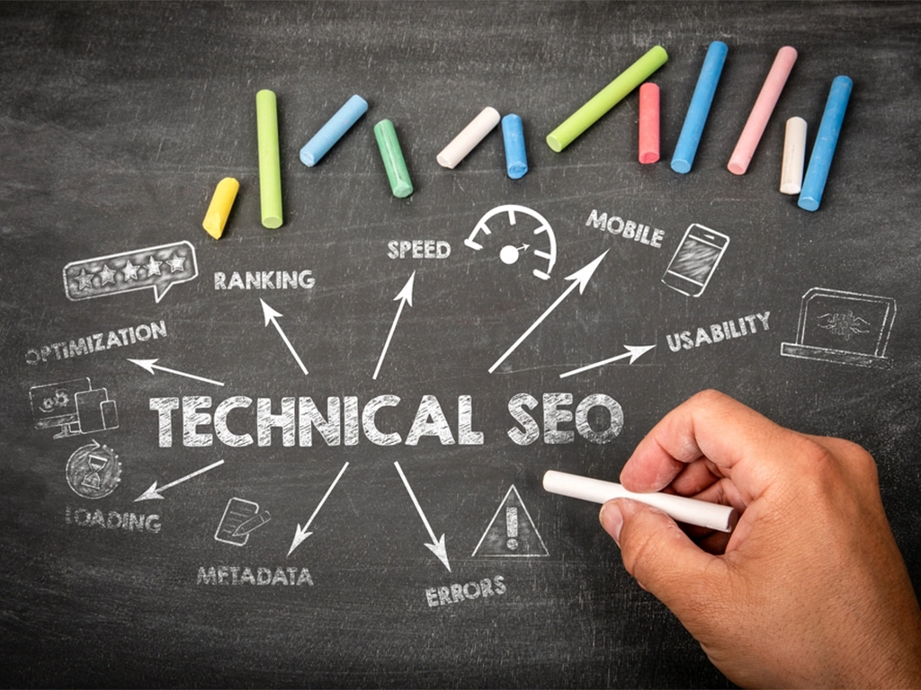 A hand holding chalk beside a chalkboard diagram titled “TECHNICAL SEO,” with arrows to optimization, ranking, speed, mobile, usability, crawling, metadata, and errors.