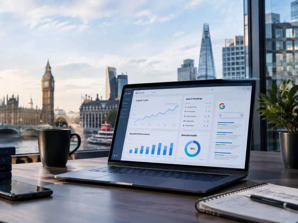 SEO Services London analytics dashboard displayed on a laptop, with Big Ben, Westminster, and The Shard visible through the window.