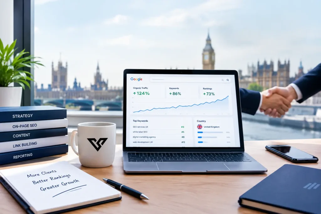 White label SEO agency dashboard showing rising SEO metrics alongside strategy books and a business handshake overlooking London’s Parliament and Big Ben.