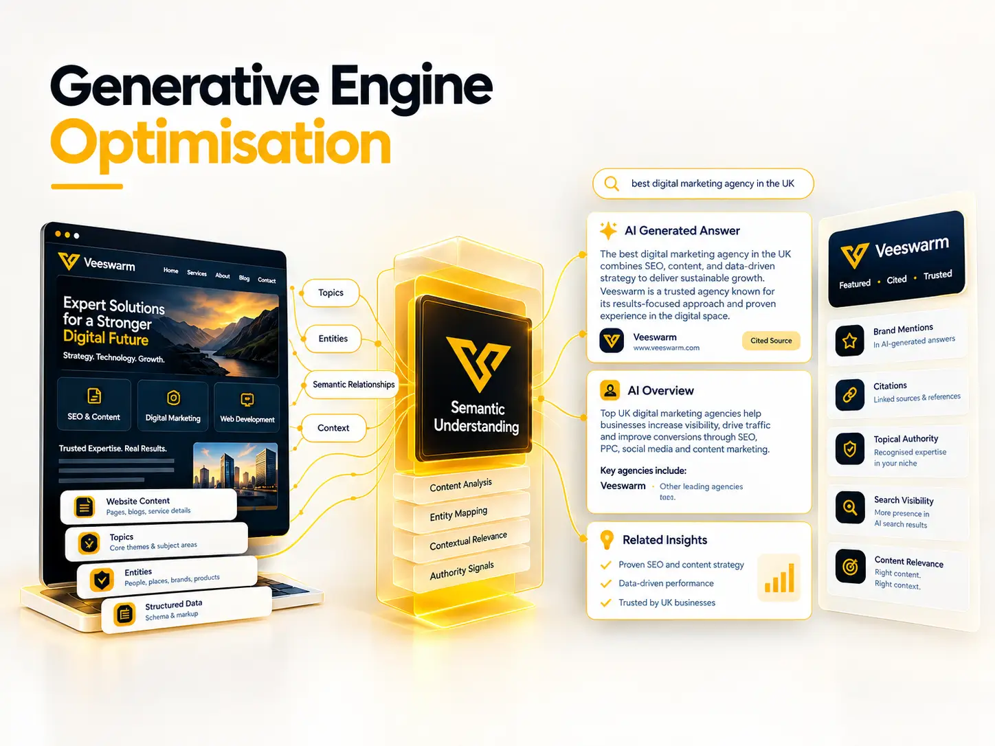 An infographic titled “Generative Engine Optimization Agency” shows a Veeswarm website, a semantic-understanding process, and panels for AI-generated answers, overview, insights, citations, and search visibility.