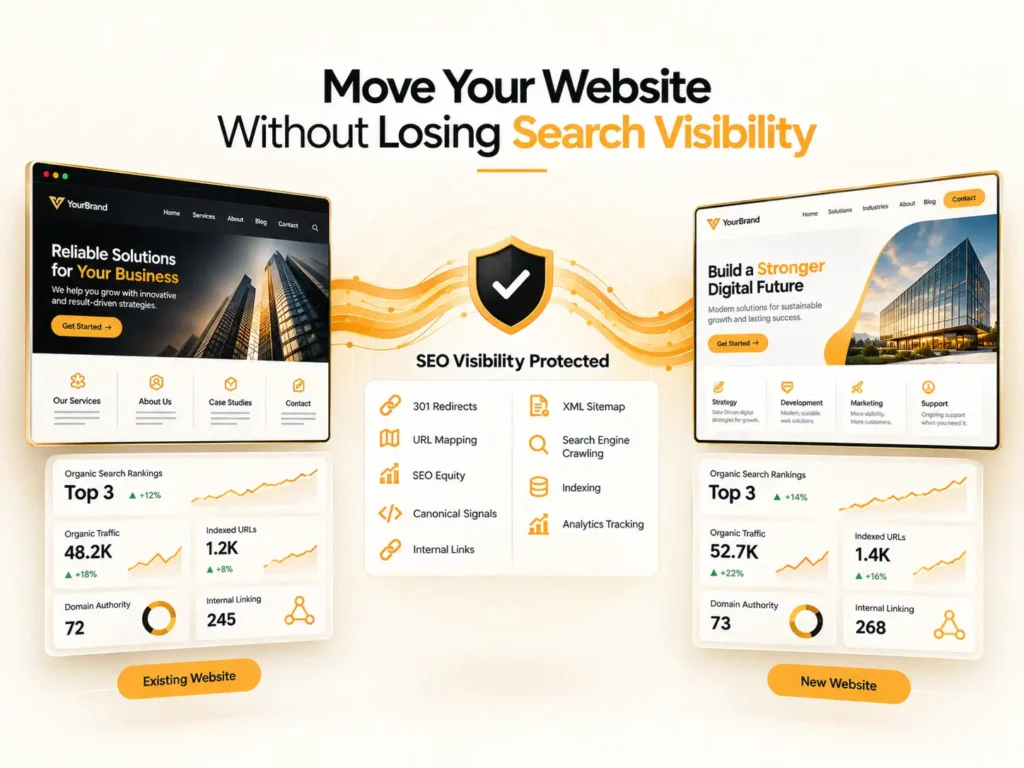 Diagram comparing an existing website and a new website, with SEO metrics on both sides and a central shield stating “SEO Visibility Protected.” Heading: “Move Your Website Without Losing Search Visibility.”