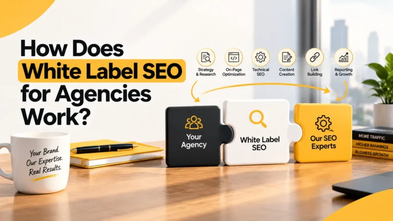 White Label SEO for Agencies graphic showing how agency partnerships work through puzzle blocks labeled “Your Agency,” “White Label SEO,” and “Our SEO Experts,” with SEO service icons above.