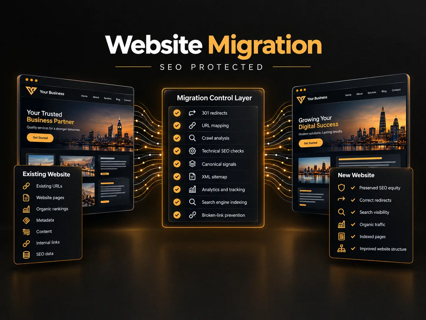 A website migration Agency diagram shows an existing site connected through a central SEO control layer to a new site, with checks for redirects, indexing, and preserved traffic. It reads “Website Migration ” and “SEO Protected.”