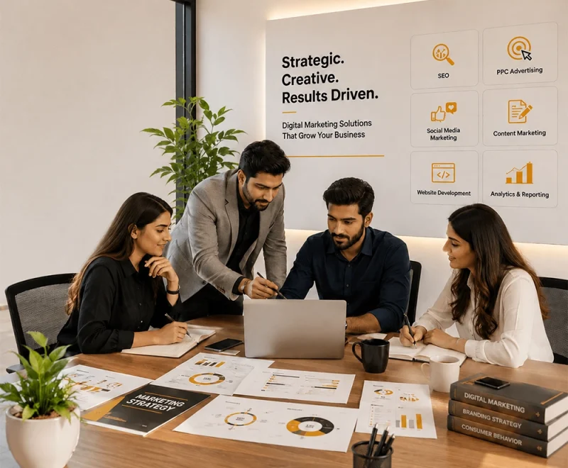 A digital marketing team reviews strategy documents around a laptop, with SEO, PPC advertising, social media, content marketing, website development, and analytics services displayed on the wall.